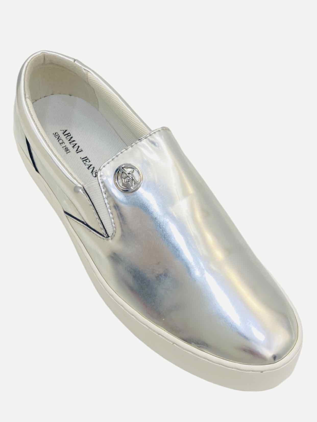 Pre - loved ARMANI JEANS Mirror Silver Sneakers 39 at Reems Closet