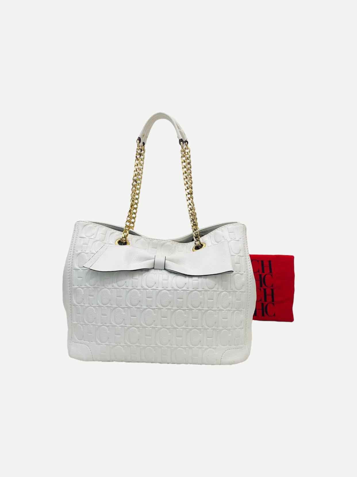 Pre - loved CAROLINA HERRERA Bow White Monogram Embossed Tote Bag at Reems Closet
