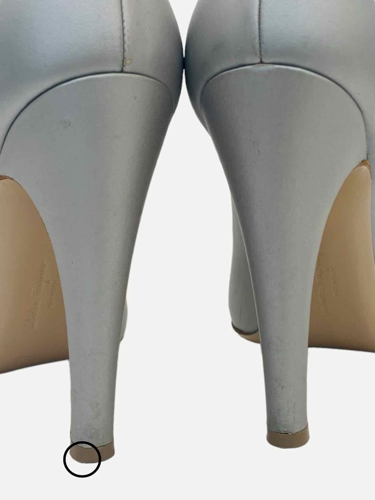 Pre - loved SALVATORE FERRAGAMO Peep Toe Silver Pumps 41 at Reems Closet