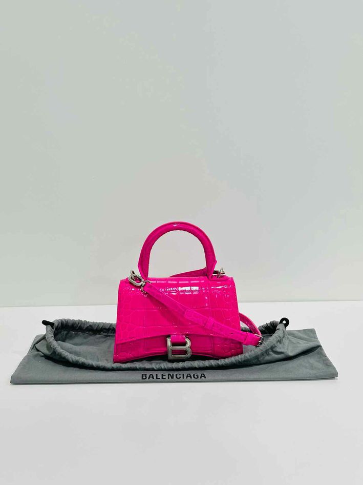 BALENCIAGA Hourglass Pink Croc Embossed Top Handle
