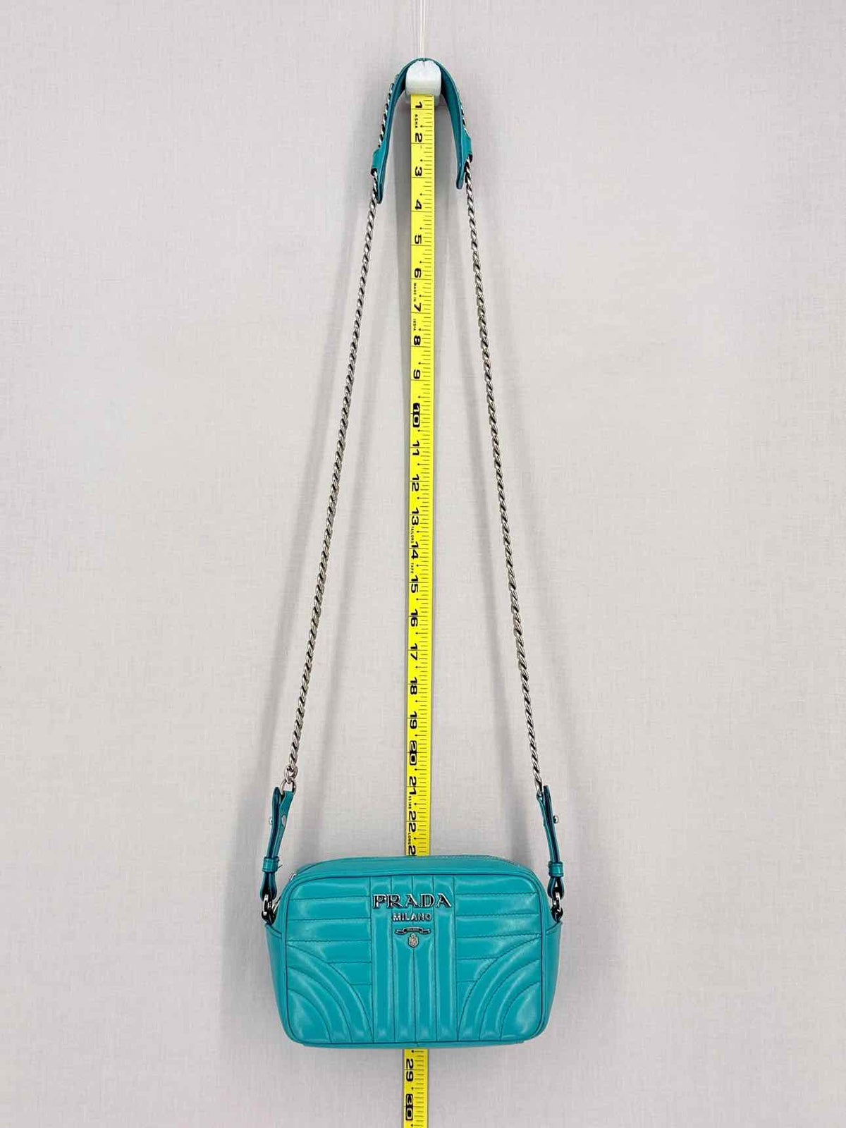 PRADA Diagramme Camera Turquoise Quilted Shoulder Bag