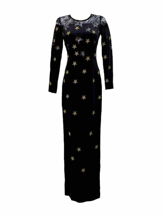 Pre-loved ALESSANDRA RICH Black & Gold Star Print Evening Dress from Reems Closet