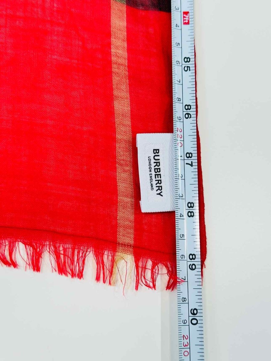 Pre - loved BURBERRY Red Multicolor Check Scarf at Reems Closet