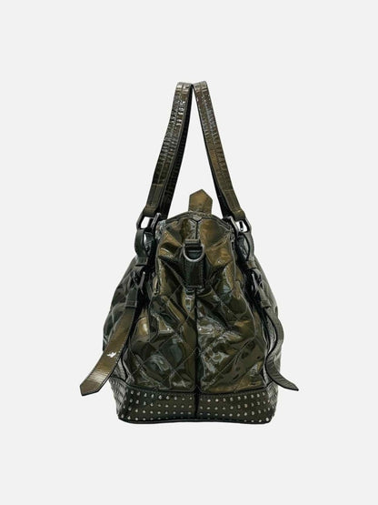 Pre-loved BURBERRY Studded Lowry Green Quilted Tote Bag from Reems Closet