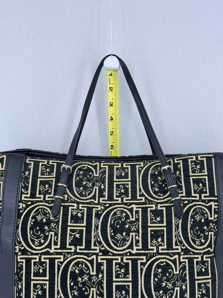 Pre-loved CAROLINA HERRERA Black & Gold Monogram Tote Bag at Reems Closet