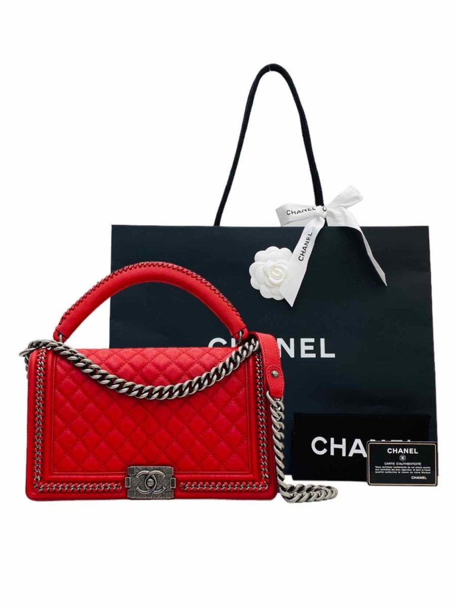 Pre - loved CHANEL Boy Flap Red Shoulder Bag at Reems Closet