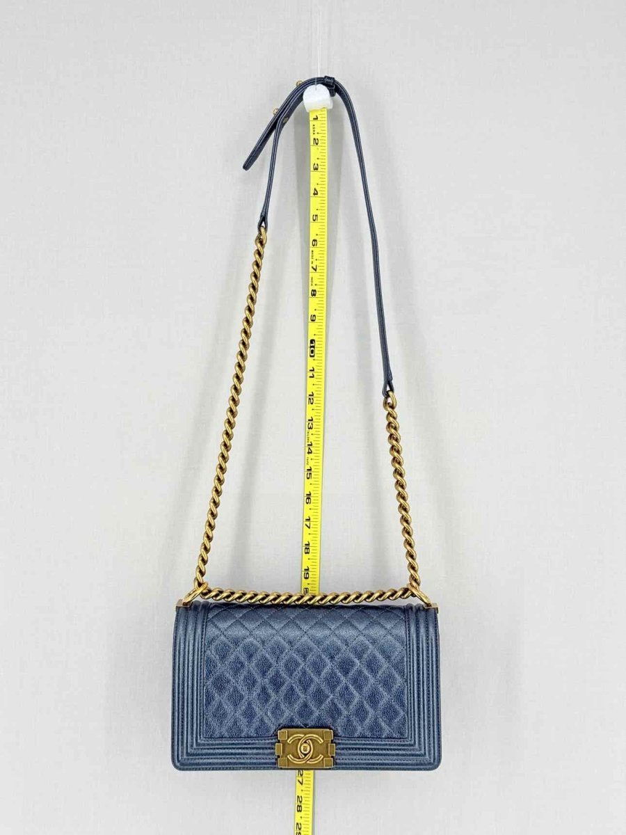 Pre - loved CHANEL Boy Metallic Blue Quilted Shoulder Bag at Reems Closet