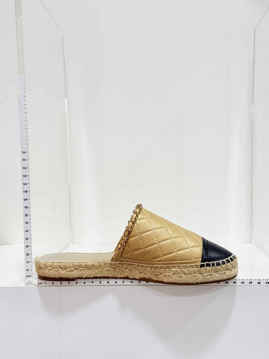 Pre - loved CHANEL Espadrille Gold & Black Cap Toe Size EU 38 Mules at Reems Closet