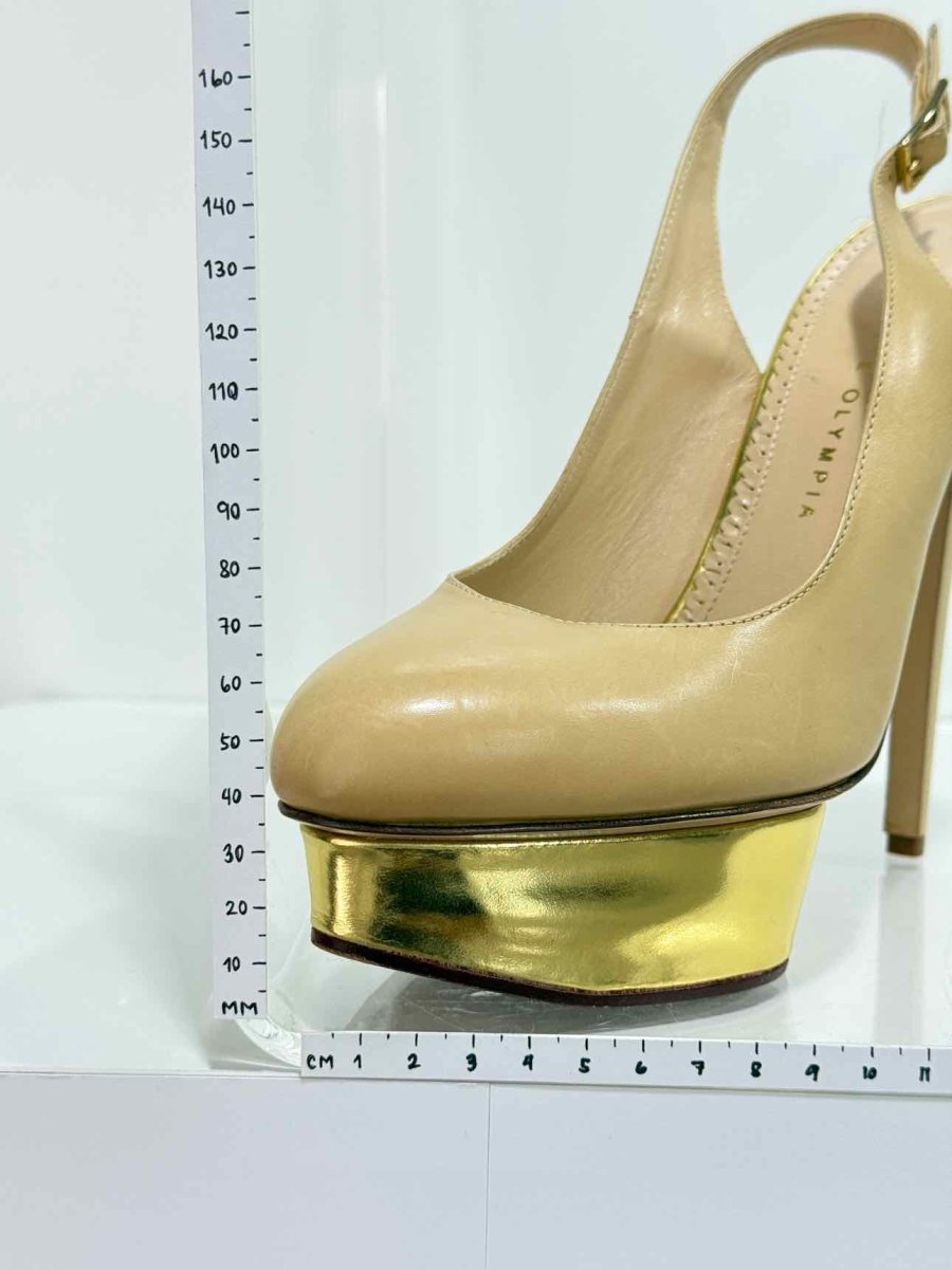 Pre - loved CHARLOTTE OLYMPIA Beige & Gold Size EU 41 Slingbacks at Reems Closet