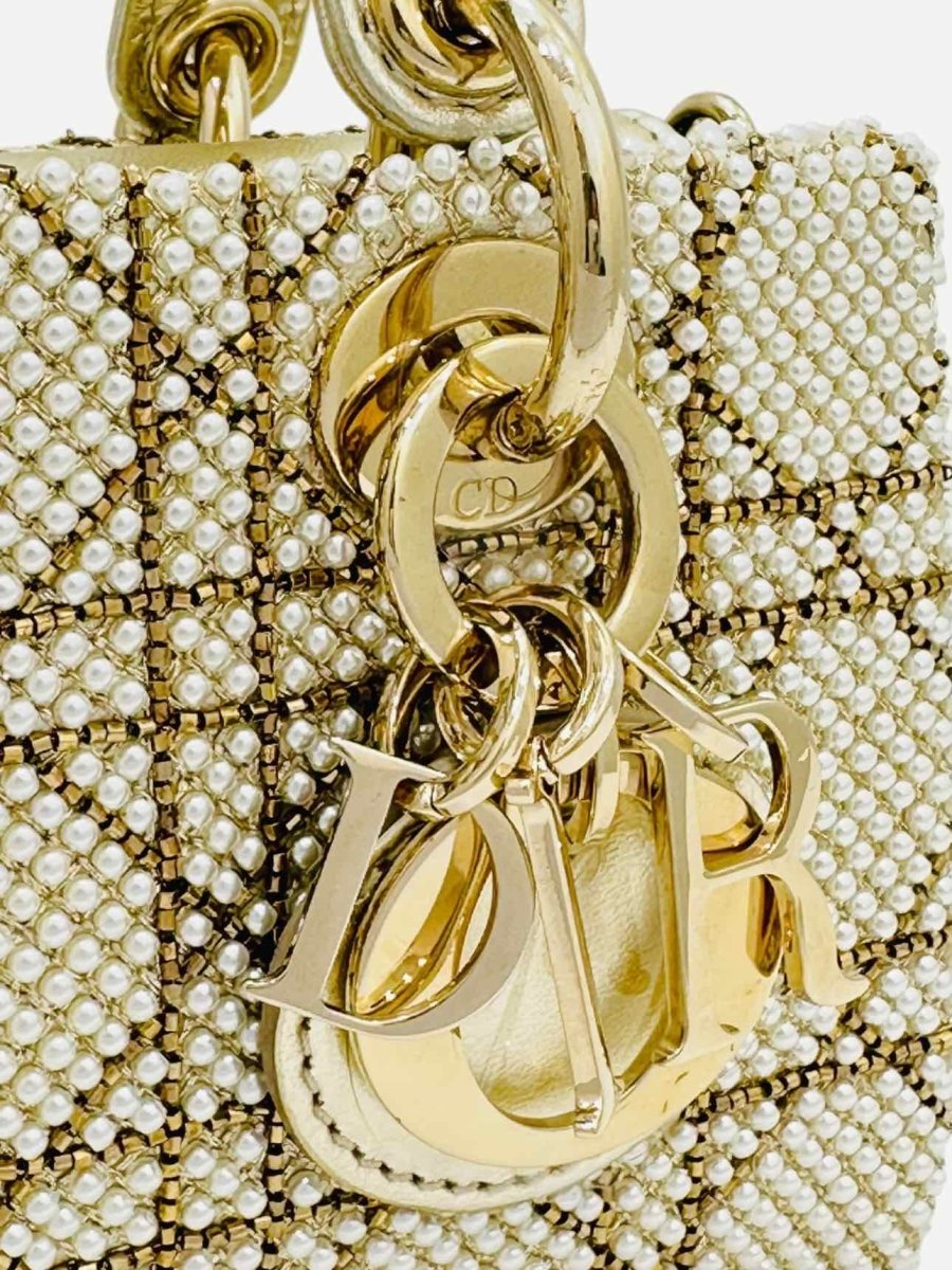 Pre - loved CHRISTIAN DIOR Lady D - Joy Size Micro Pearl Embellished Gold Leather Shoulder Bag at Reems Closet
