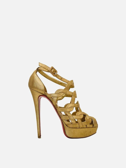 Pre-loved CHRISTIAN LOUBOUTIN Ankle Strap Gold Heeled Sandals from Reems Closet
