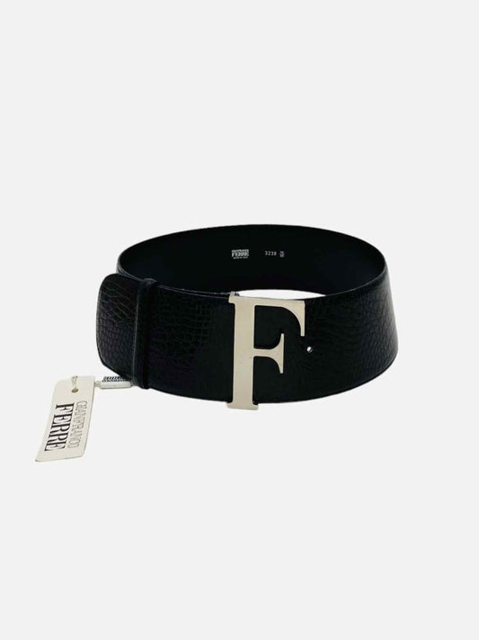 Pre-loved GIANFRANCO FERRE Wide Logo Buckle Black Embossed Belt from Reems Closet
