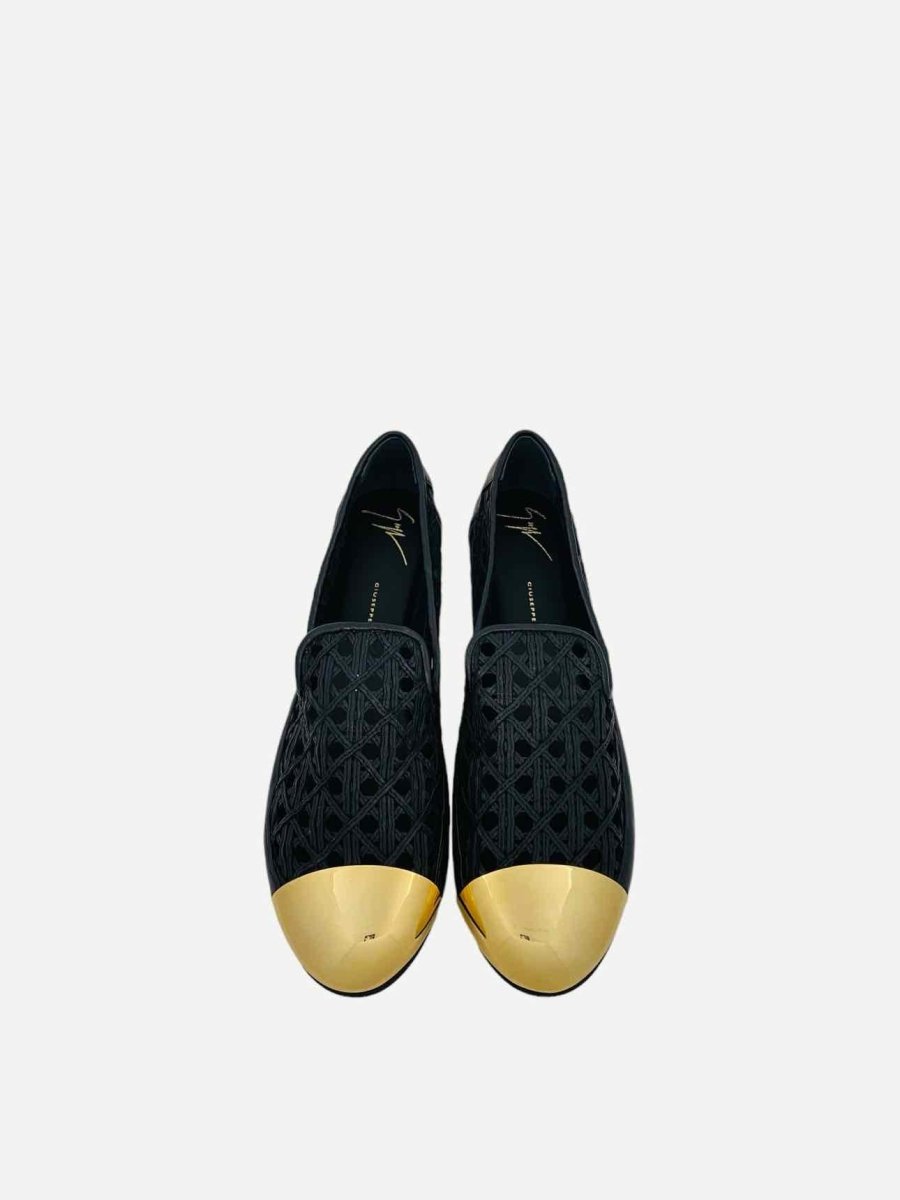 Pre-loved GIUSEPPE ZANOTTI Black & Gold Cap Toe Flat Shoes from Reems Closet