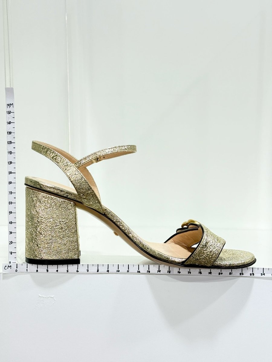 Pre - loved GUCCI GG Marmont Gold Heeled Sandals 38 at Reems Closet