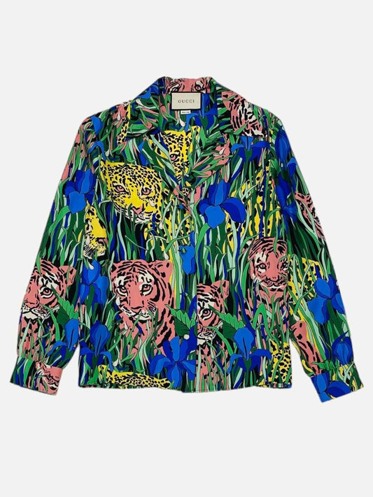 Pre-loved GUCCI Green Multicolor Feline Garden Print Shirt from Reems Closet