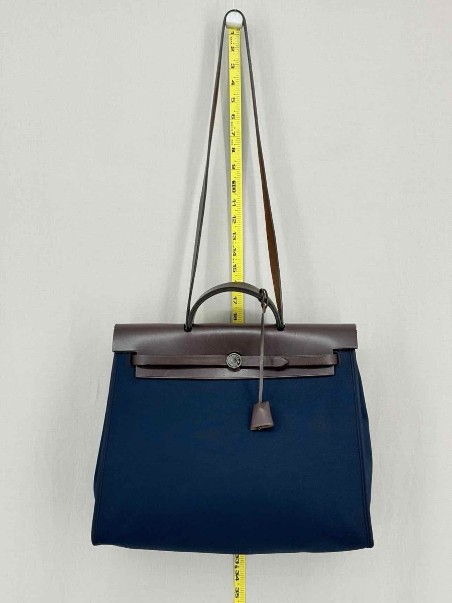 Pre - loved HERMES Herbag Brown & Navy Blue Top Handle at Reems Closet