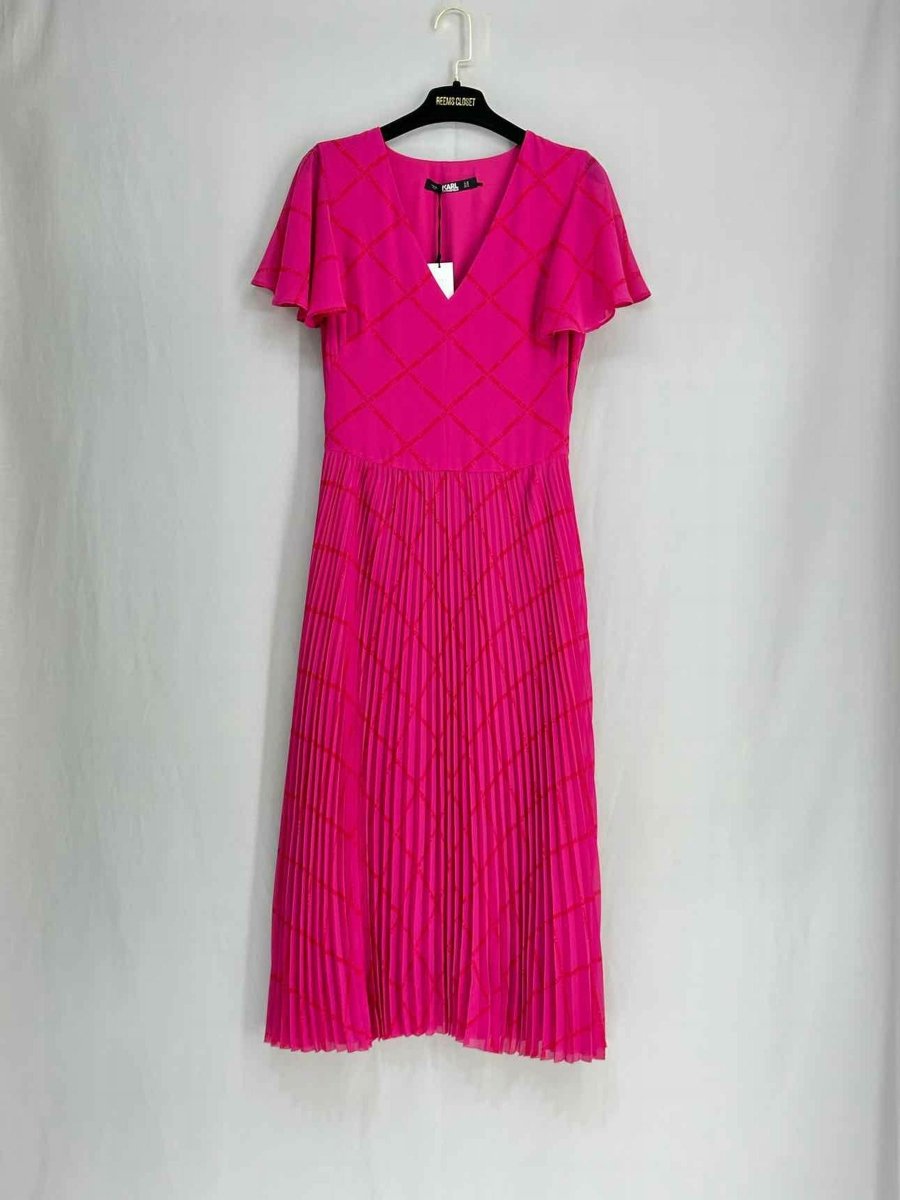 KARL LAGERFELD Pleated Pink w/ Red Size US 4 Midi Dress KARL LAGERFELD Pleated Pink w/ Red Size US 4 Midi Dress