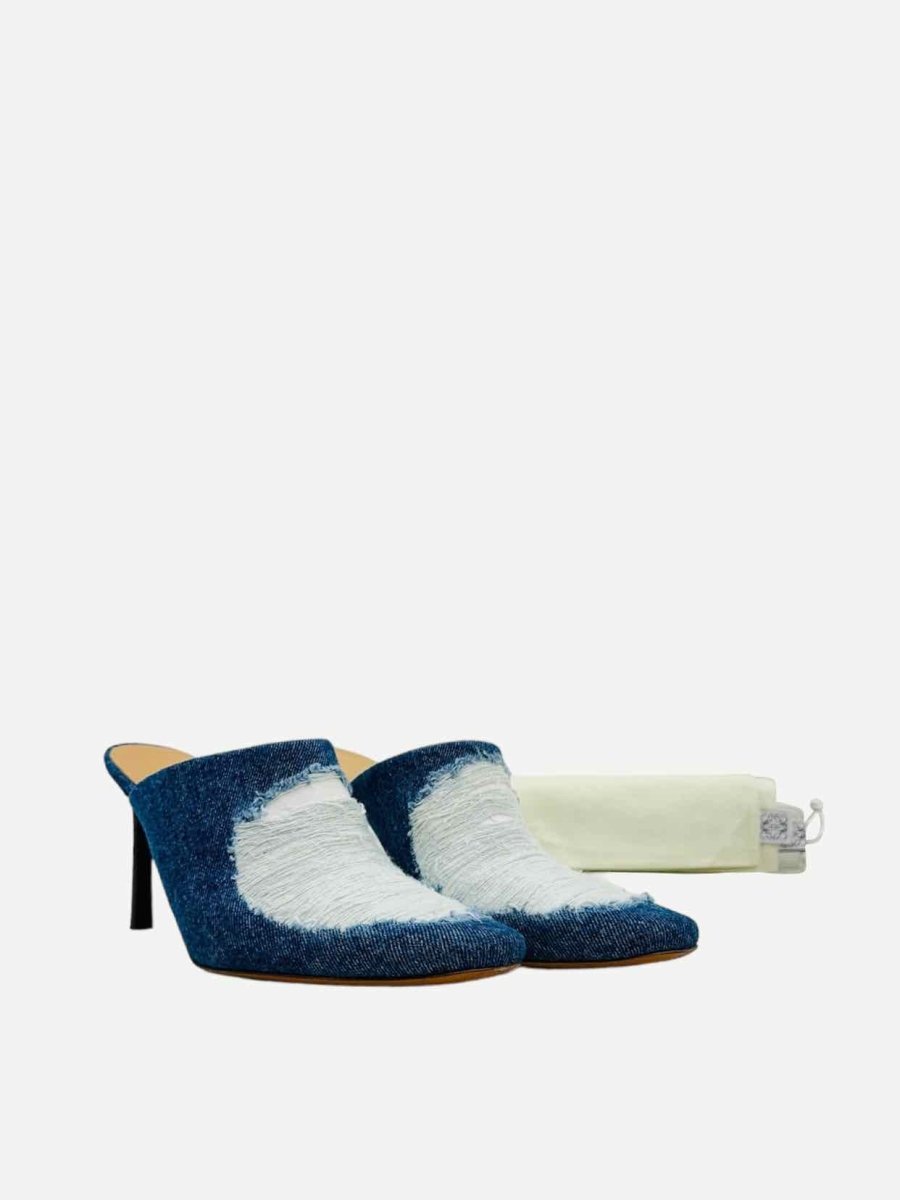Pre - loved LOEWE Ripped Denim Blue & White Size EU 38 Mules at Reems Closet