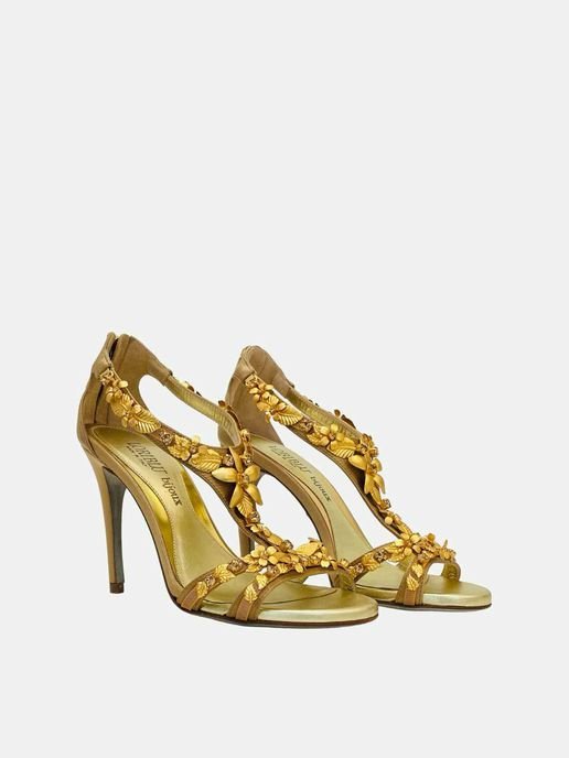 Pre-loved LORIBLU T-strap Gold Floral Embellished Heeled Shoes from Reems Closet