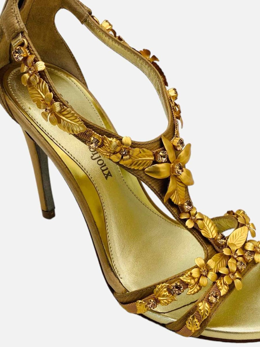Pre-loved LORIBLU T-strap Gold Floral Embellished Heeled Shoes from Reems Closet