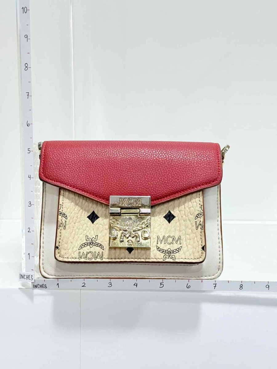 Pre - loved MCM Tracy White, Beige & Red Monogram Top Handle at Reems Closet