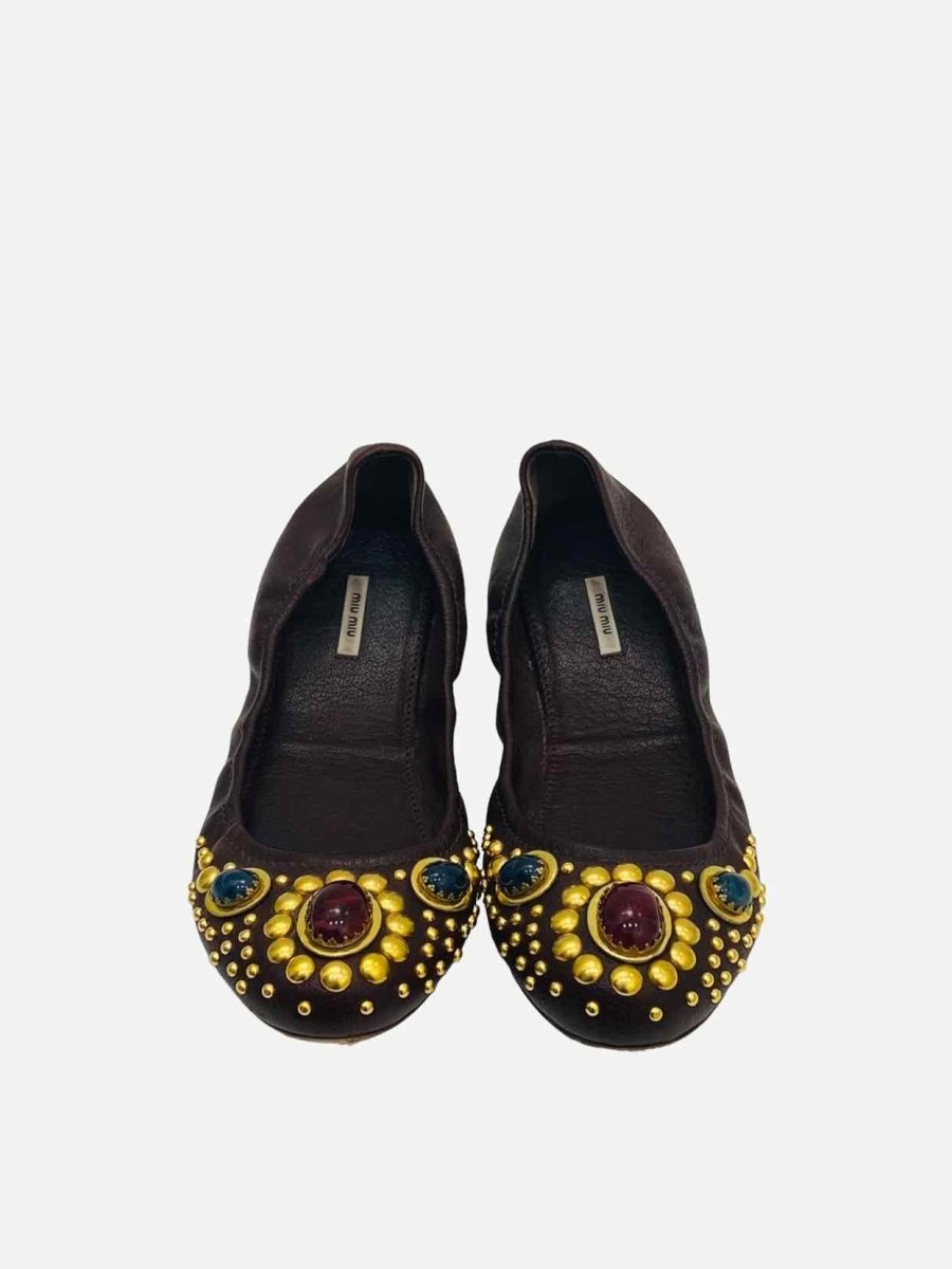 Pre-loved MIU MIU Brown Multicolor Stone Embellished Ballerinas from Reems Closet