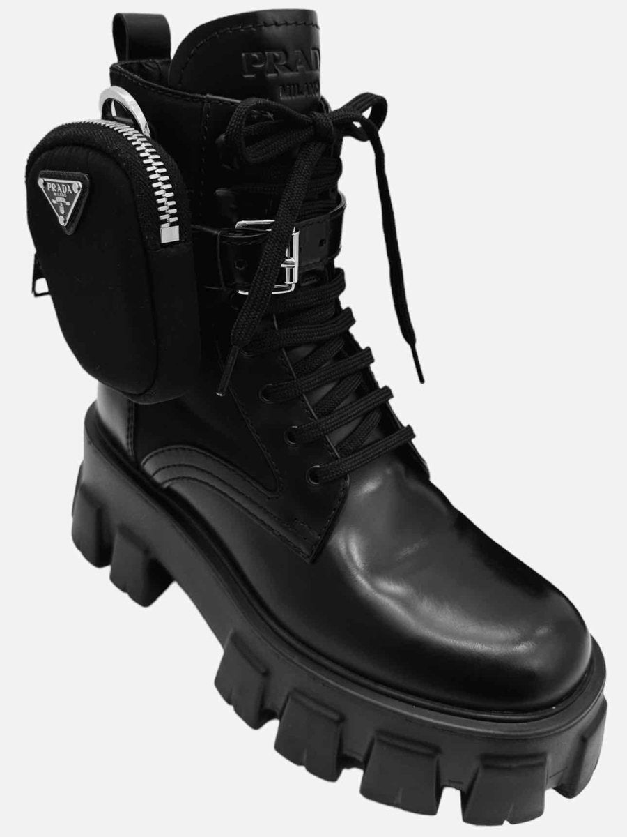 Pre - loved PRADA Monolith w/ Pouch Black Biker Boots 35 at Reems Closet