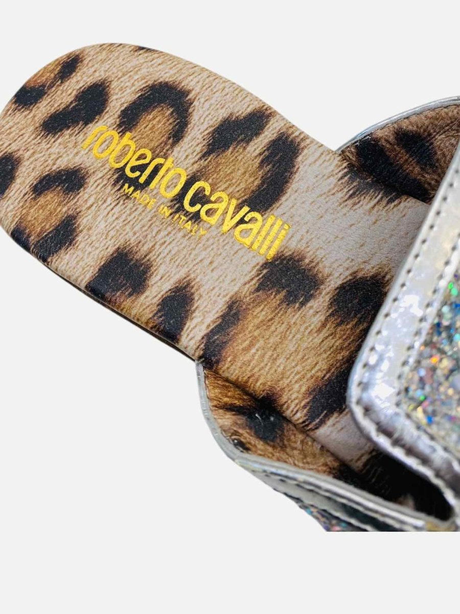 Pre - loved ROBERTO CAVALLI Logo Silver Size EU 36 Slides at Reems Closet