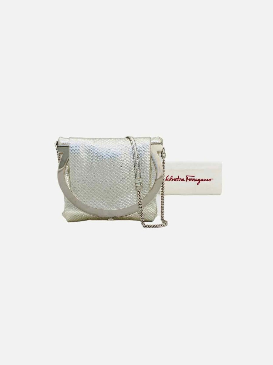 Pre - loved SALVATORE FERRAGAMO Framy Metallic Silver Clutch at Reems Closet