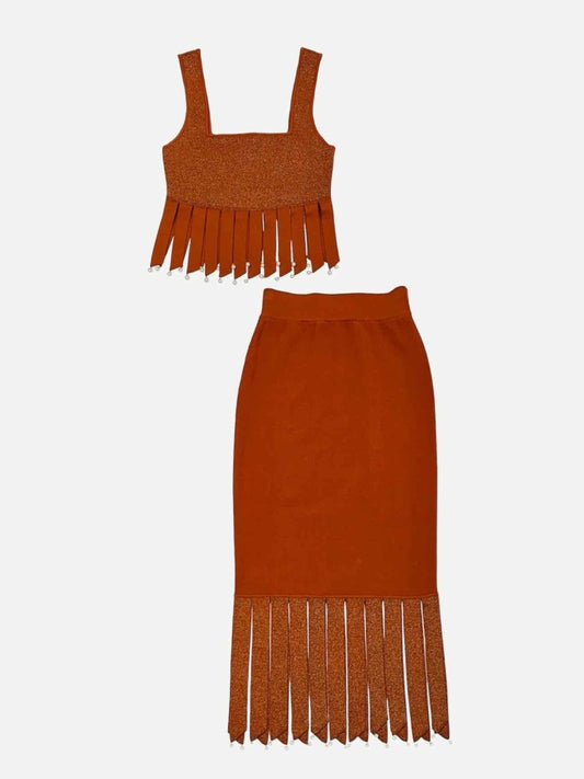 Pre-loved STAUD Fringed Orange Glitter Top & Skirt Outfit from Reems Closet