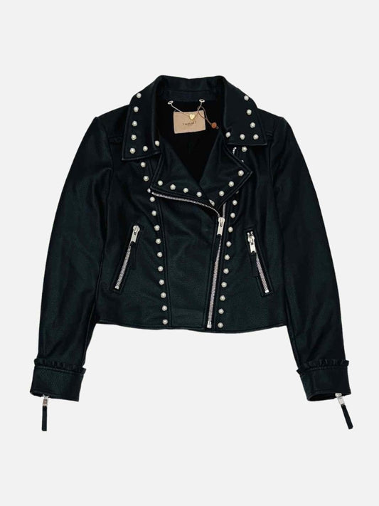 Pre-loved TWIN-SET Leather Black Pearl Embellished Jacket from Reems Closet