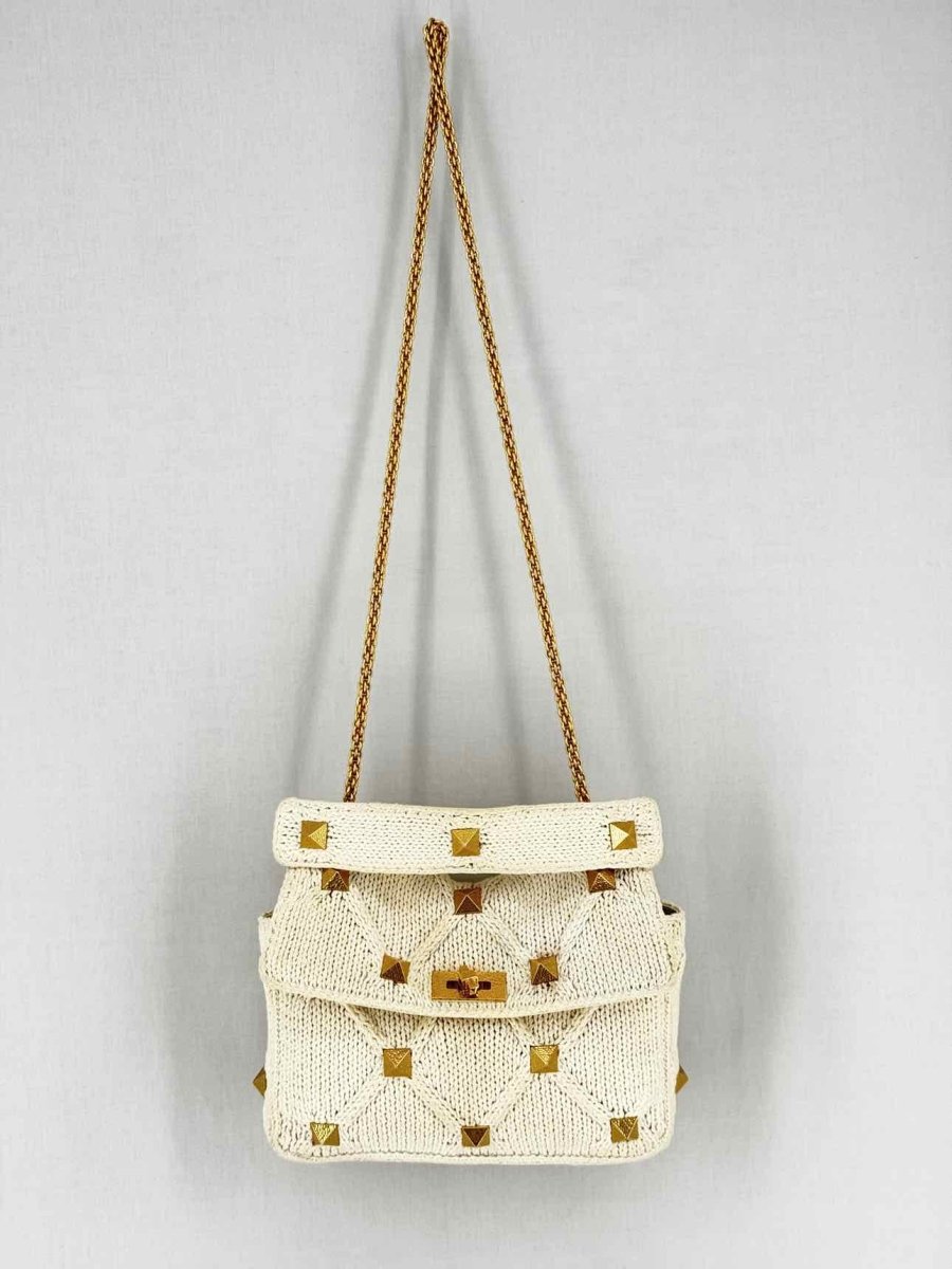 Pre - loved VALENTINO Roman Stud Knit Off - white Top Handle at Reems Closet