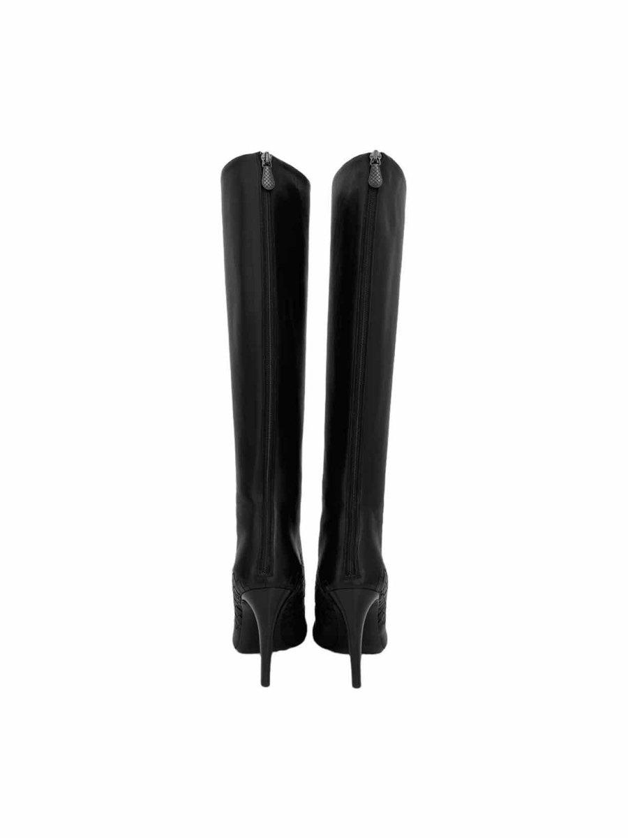 Pre-loved BOTTEGA VENETA Black Intrecciato Weave Knee High Boots from Reems Closet