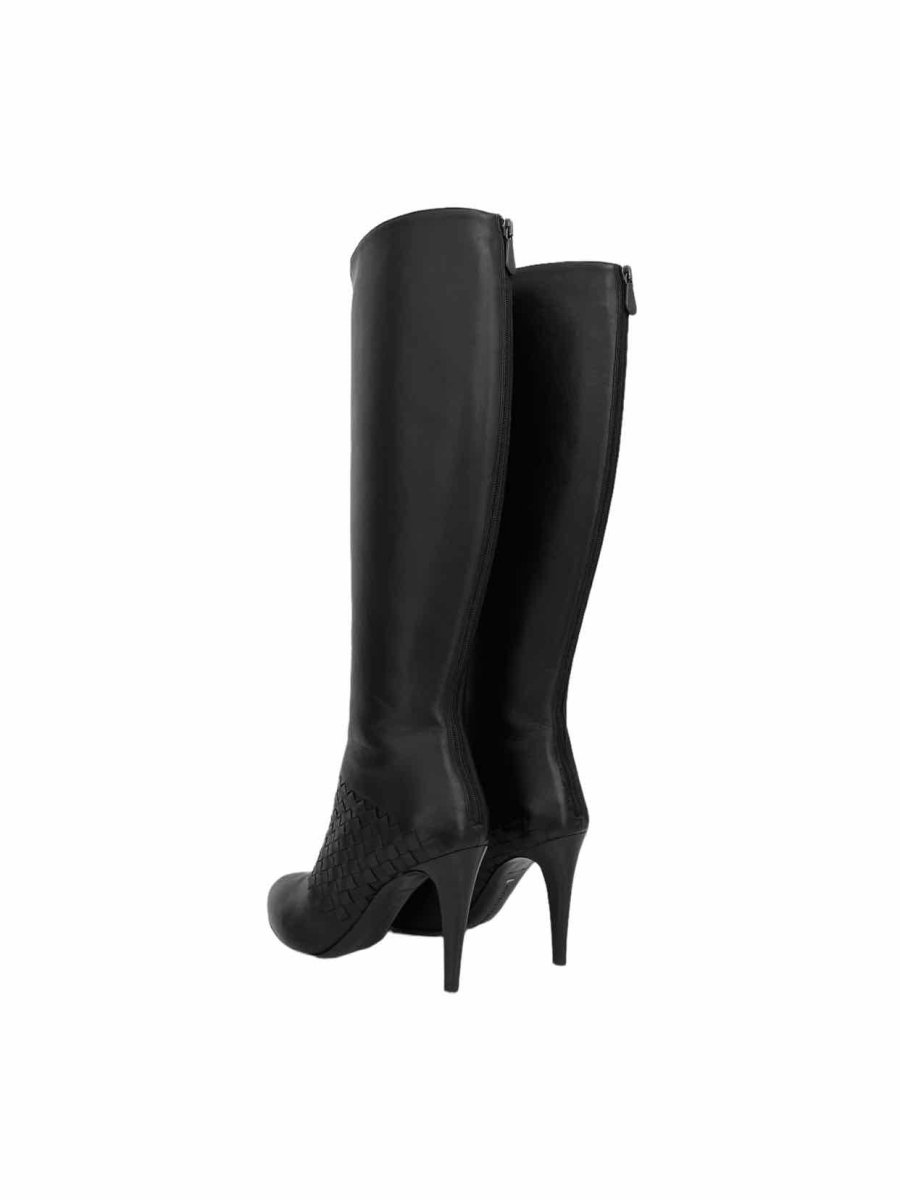 Pre-loved BOTTEGA VENETA Black Intrecciato Weave Knee High Boots from Reems Closet