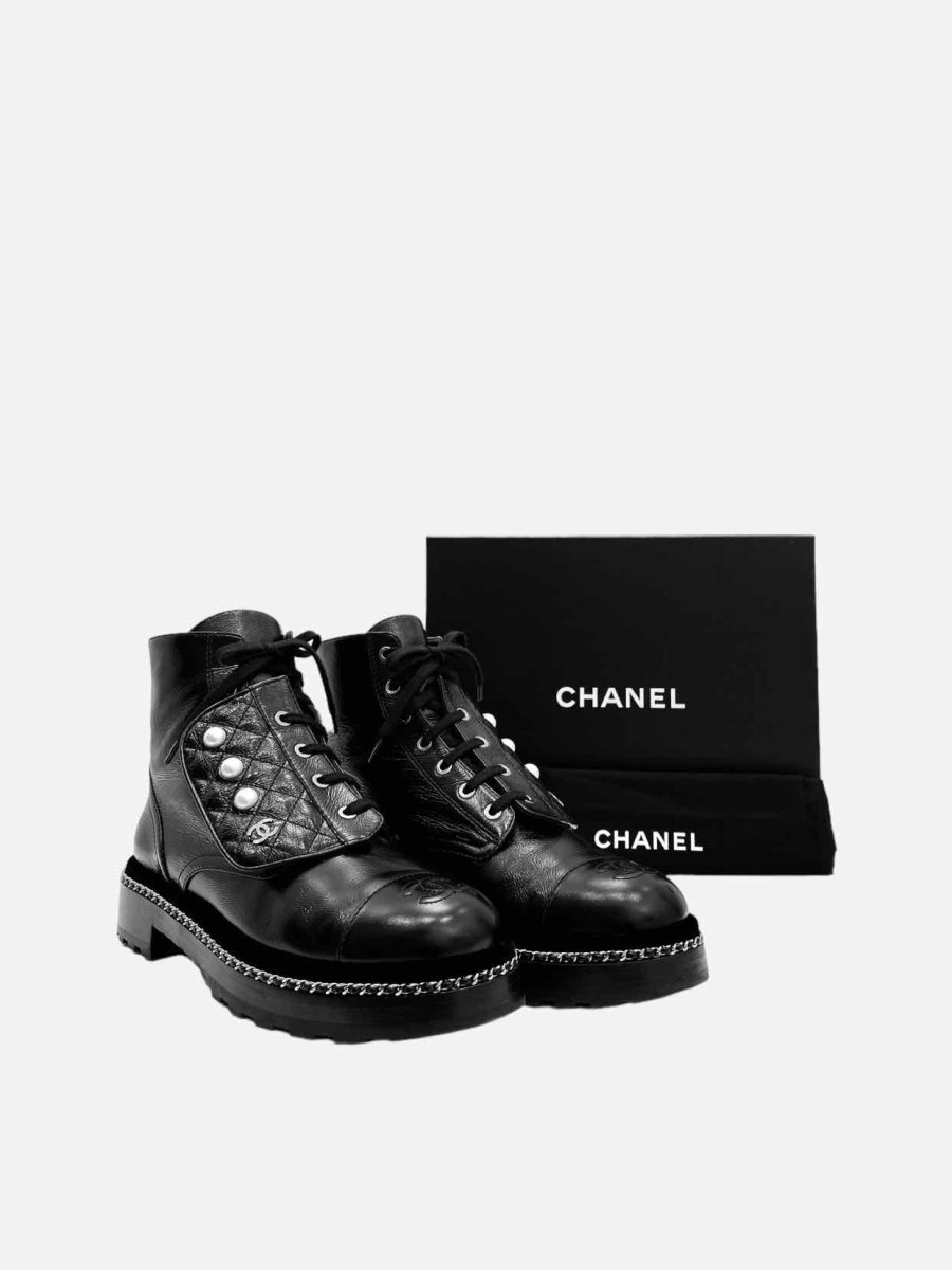 Pre-loved CHANEL Combat Black Quilted Ankle Boots from Reems Closet