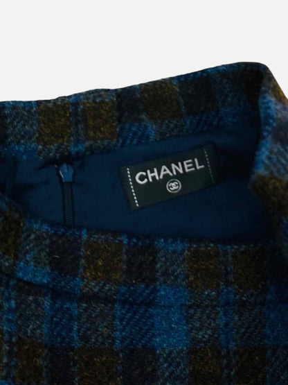 Pre-loved CHANEL Tweed Blue & Brown Plaid Jacket & Skirt Outfit from Reems Closet