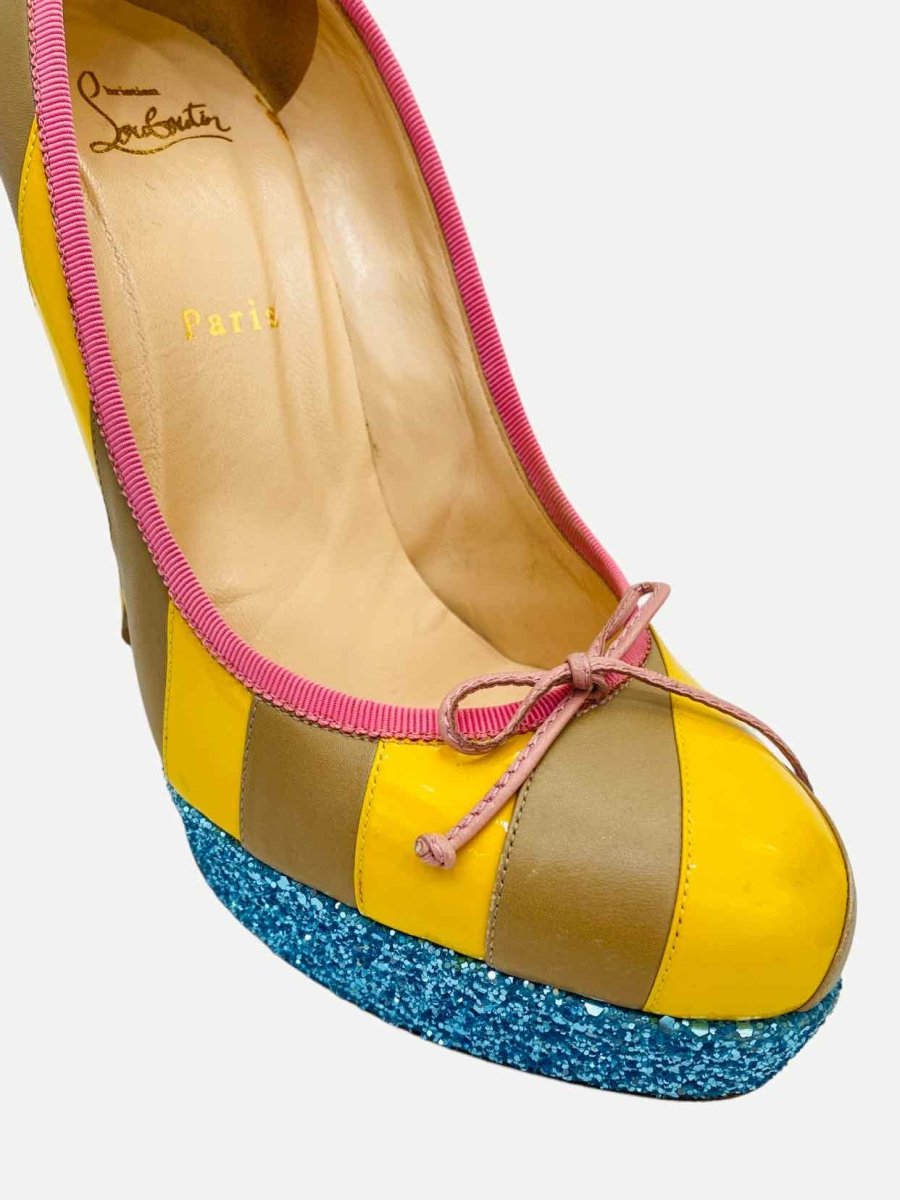 Pre - loved CHRISTIAN LOUBOUTIN Beige & Yellow Striped Pumps at Reems Closet