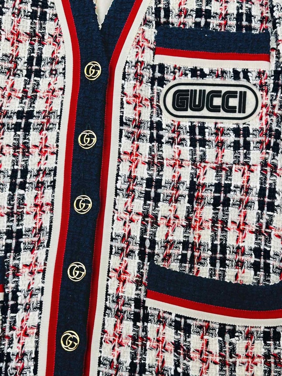 Pre-loved GUCCI Tweed Off-white & Navy Blue w/ Red Jacket from Reems Closet