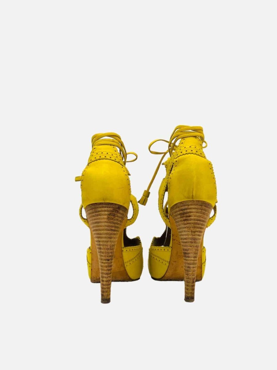Pre-loved HERMES Ankle Wrap Yellow Brogue Accent Heeled Sandals from Reems Closet
