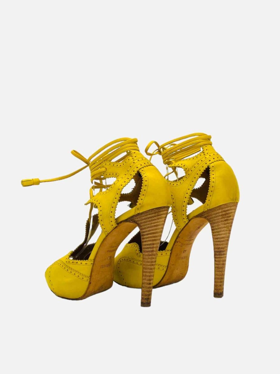 Pre-loved HERMES Ankle Wrap Yellow Brogue Accent Heeled Sandals from Reems Closet