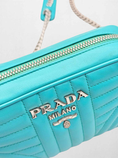 PRADA Diagramme Camera Turquoise Quilted Crossbody
