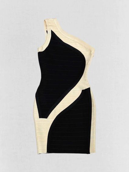 HERVE LEGER Black & Cream Size Medium Short Dress