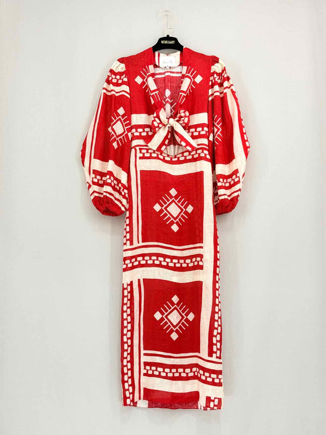 JOHANNA ORTIZ Red w/ White Size US 0 Midi Dress