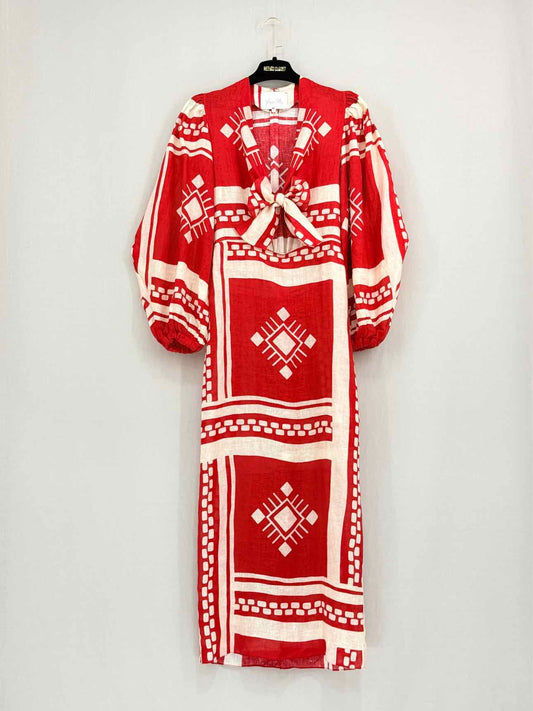 JOHANNA ORTIZ Red w/ White Size US 0 Midi Dress