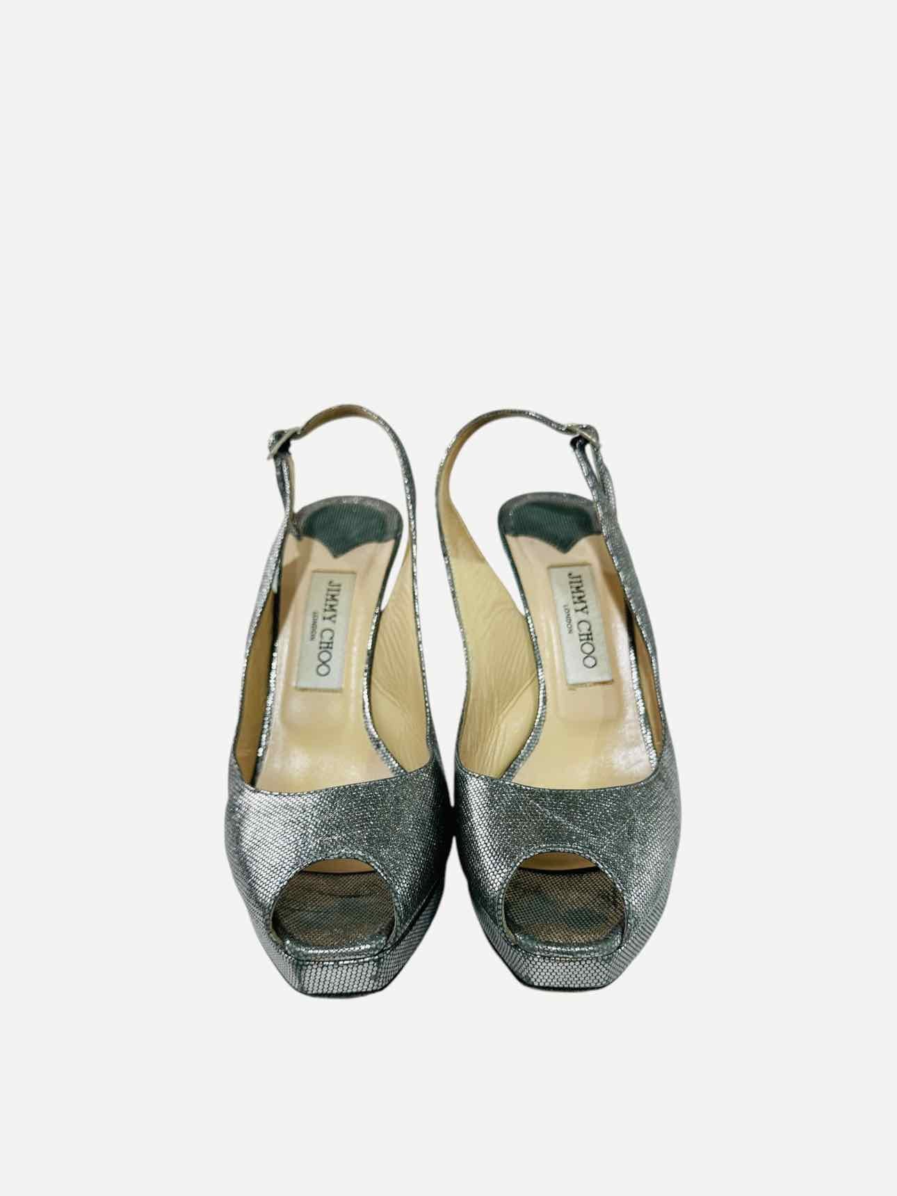 JIMMY CHOO Coarse Glitter Silver Slingbacks 38.5