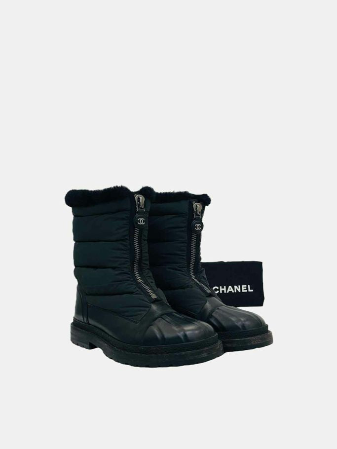 CHANEL Shearling Black Ankle Boots 37.5