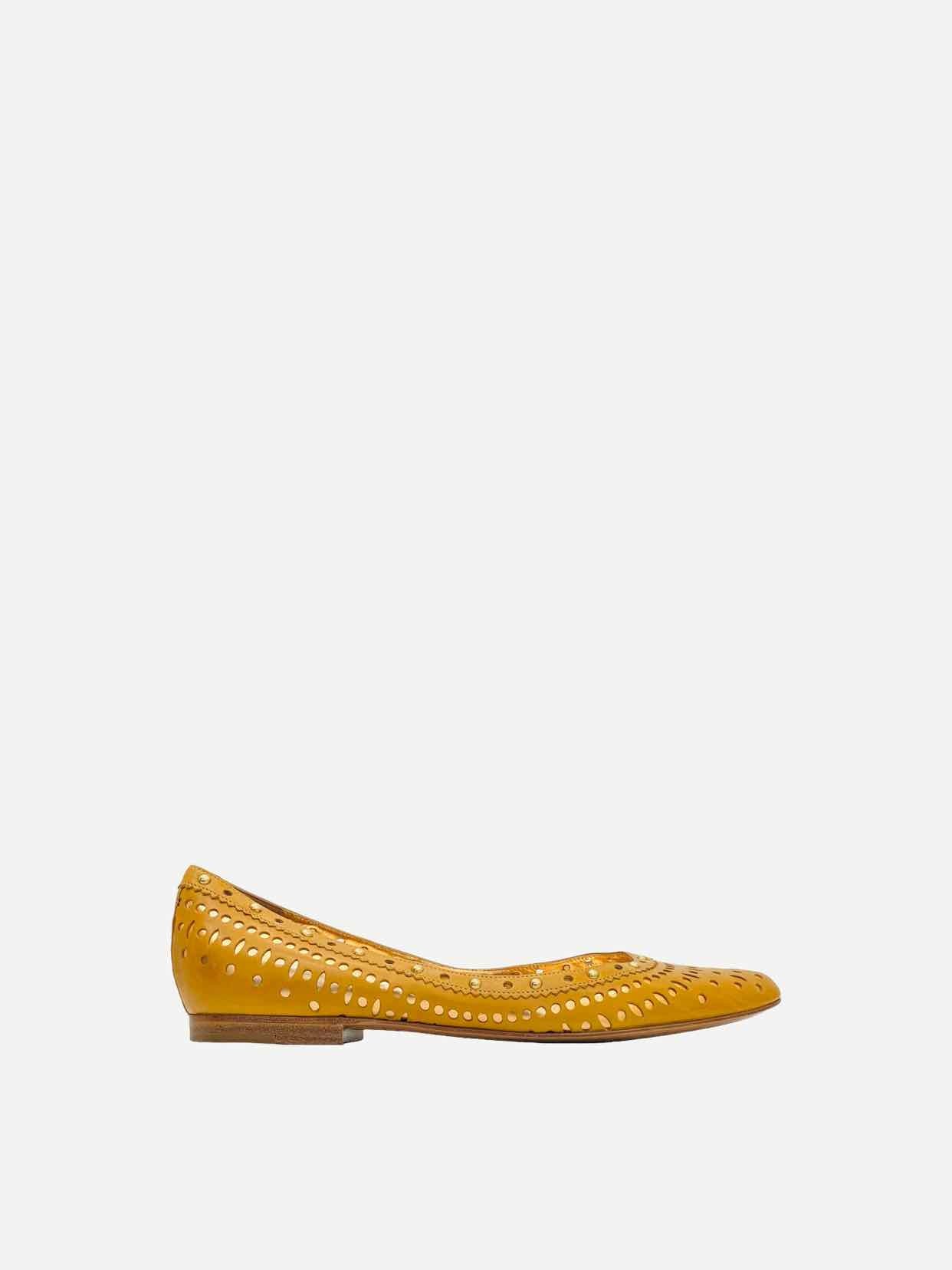 SERGIO ROSSI Tan Perforated Ballet Flats