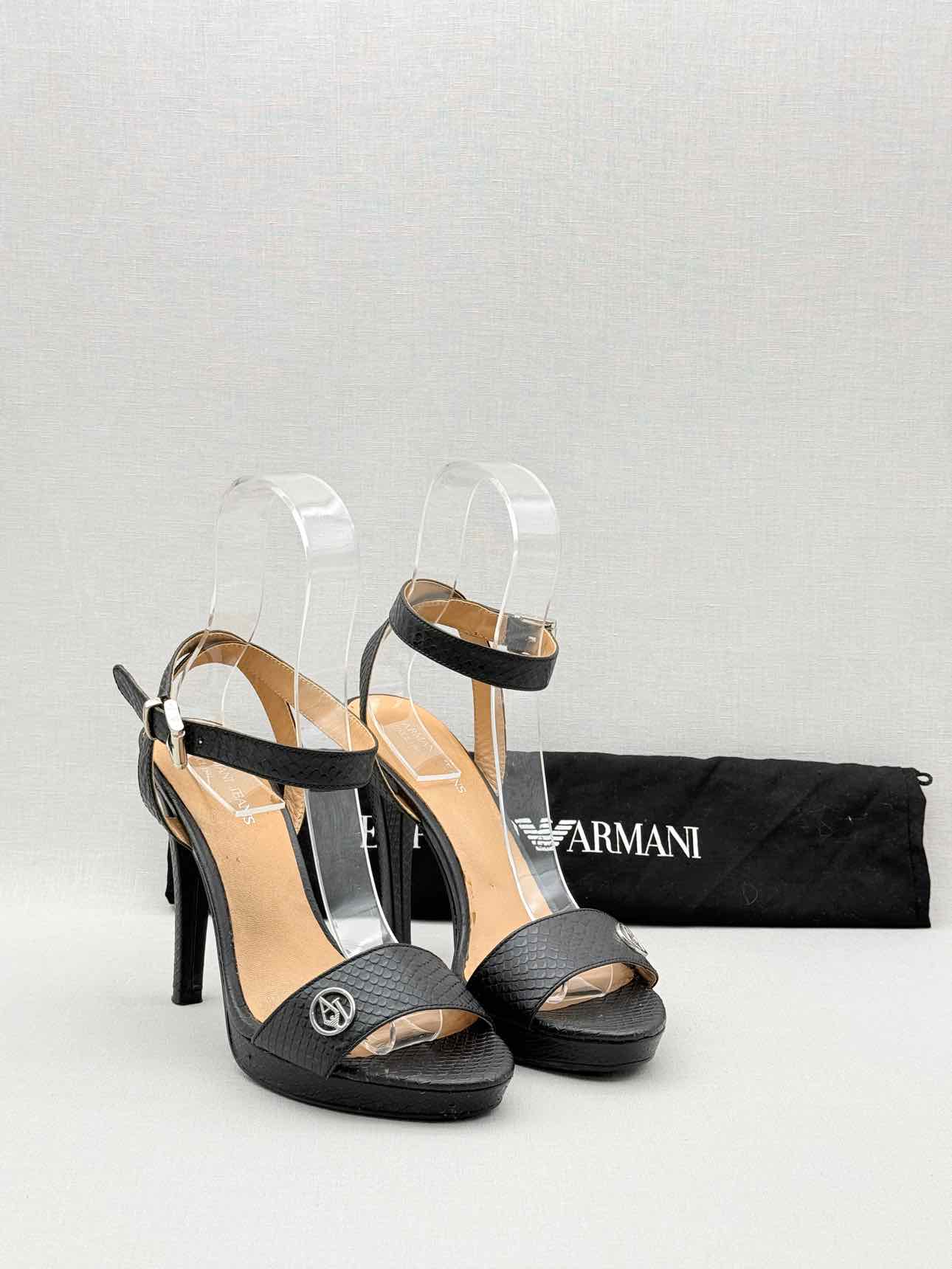 ARMANI JEANS Black Textured Size EU 38 Heeled Sandals