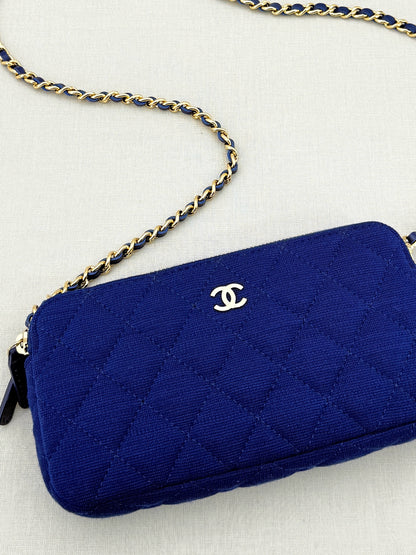 CHANEL Double Zip WOC Blue Quilted Crossbody