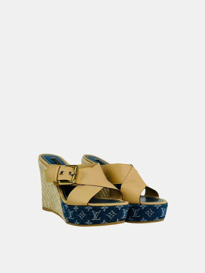 LOUIS VUITTON Espadrille Beige & Blue Monogram Wedges